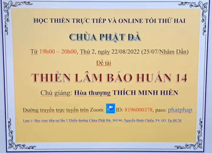 Lớp học Thiền Lâm Bảo Huấn trực tiếp và online tối thứ 2 từ 19h00-20h00 ngày 22.08.2022 (25.07.Nhâm Dần)