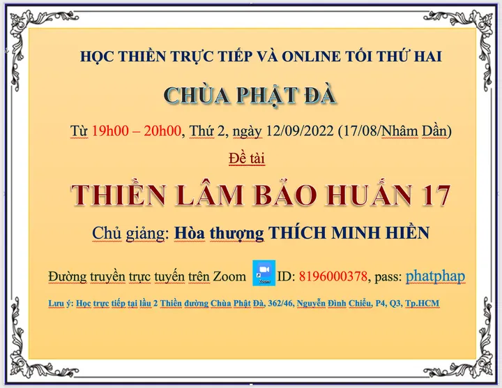 Lớp học Thiền Lâm Bảo Huấn trực tiếp và online tối thứ 2 từ 19h00-20h00 ngày 12.09.2022 (17.08.Nhâm Dần)