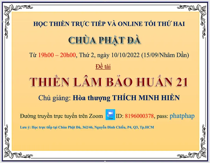 Lớp học Thiền Lâm Bảo Huấn trực tiếp và online tối thứ 2 từ 19h00-20h00 ngày 10.10.2022 (15.09.Nhâm Dần)