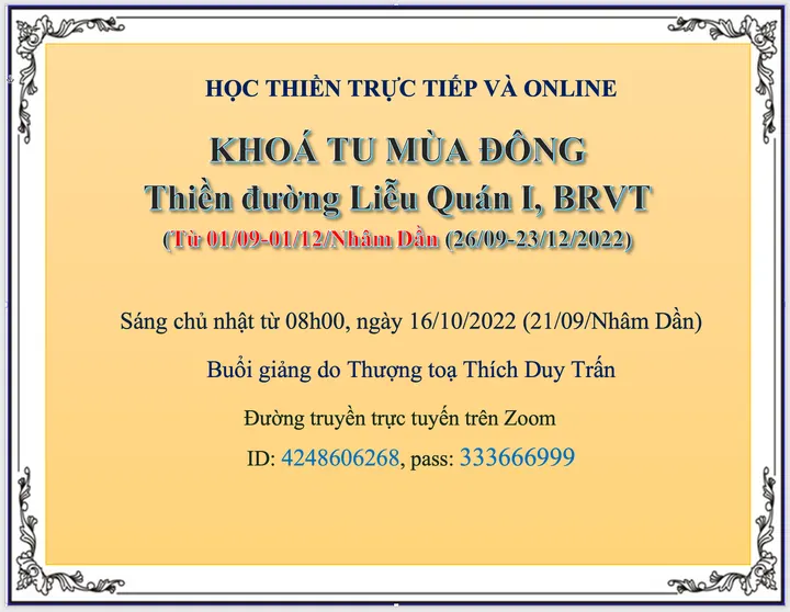 Lớp Học Thiền Khoá Tu Mùa Đông tại Thiền Đường Liễu Quán 1, BRVT