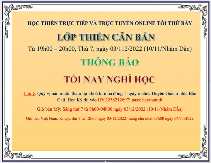 Thông Báo Lớp Thiền Căn Bản tối thứ 7, ngày 3/10/2022 nghỉ học