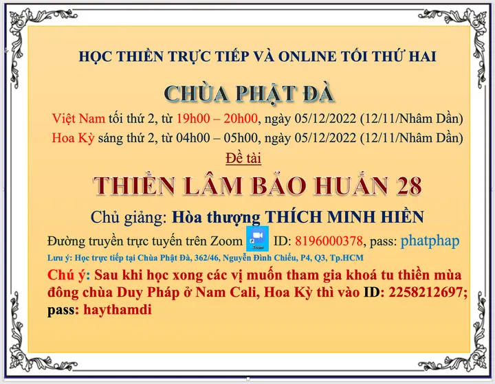 Lớp học Thiền Lâm Bảo Huấn trực tiếp và online tối thứ 2 từ 19h00-20h00 ngày 05.12.2022 (12.11.Nhâm Dần)