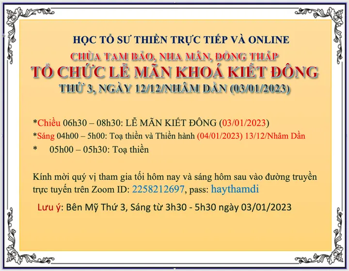 Chùa Tam Bảo, Nha Mân, Đồng Tháp tổ chức Lễ Mãn Kiết Đông, chiều lúc 6h30 ngày 3/01/2023 (12/12/Nhâm Dần)
