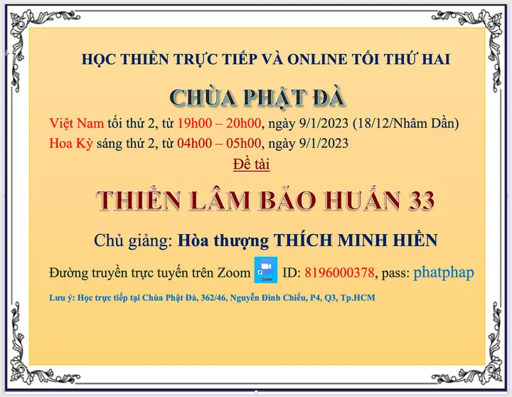 Lớp học Thiền Lâm Bảo Huấn trực tiếp và online tối thứ 2 từ 19h00-20h00 ngày 9.1.2023