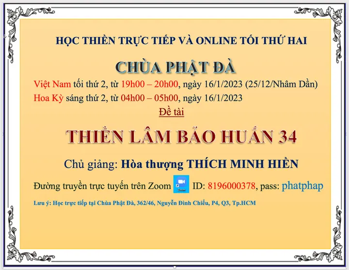 Lớp học Thiền Lâm Bảo Huấn trực tiếp và online tối thứ 2 từ 19h00-20h00 ngày 16.1.2023