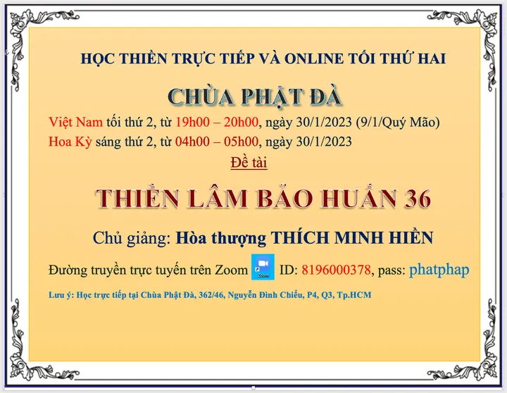 Lớp học Thiền Lâm Bảo Huấn trực tiếp và online tối thứ 2 từ 19h00-20h00 ngày 30.1.2023