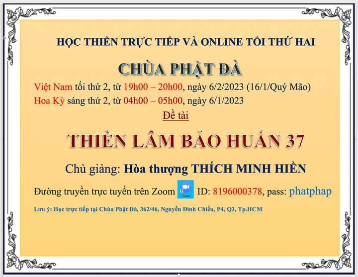 Lớp học Thiền Lâm Bảo Huấn trực tiếp và online tối thứ 2 từ 19h00-20h00 ngày 6.2.2023