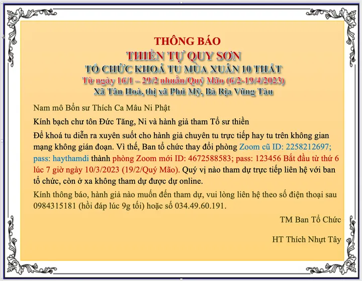 Thiền Tự Quy Sơn Thông Báo Đổi Phòng Zoom bắt đầu từ ngày 10/3/2023 (19/2/Quý Mão)