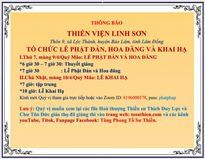 Thông Báo Lễ Phật Đản, Hoa Đăng và Lễ Khai Hạ Thiền Viện Linh Sơn ngày 9 và 10 tháng 4 năm Quý Mão