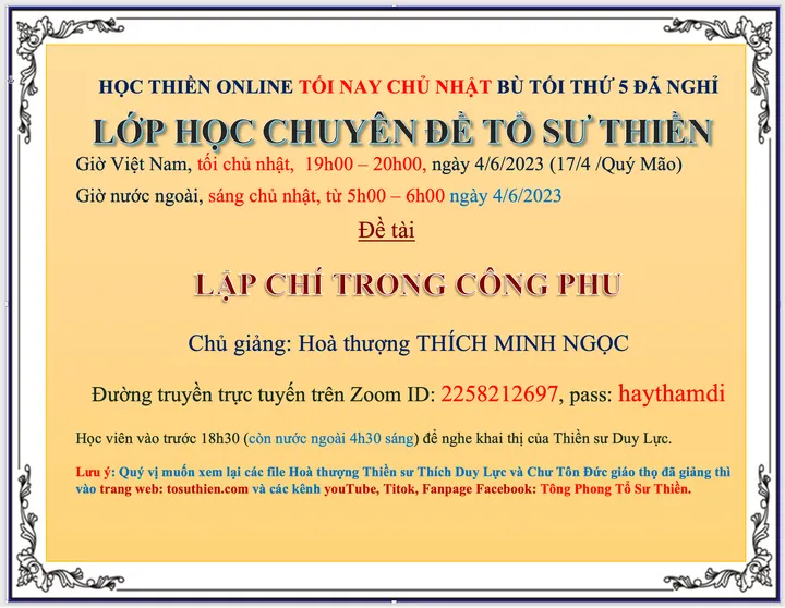 Thông báo tối nay chủ nhật ngày 17/4/Quý Mão học thiền online bù ngày thứ 5 đã nghỉ