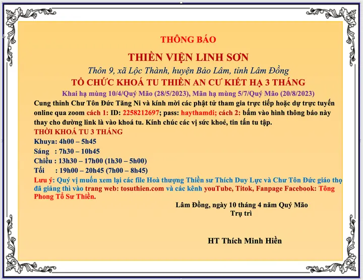 Thông báo khoá tu 3 tháng hạ Thiền Viện Linh Sơn, Lâm Đồng