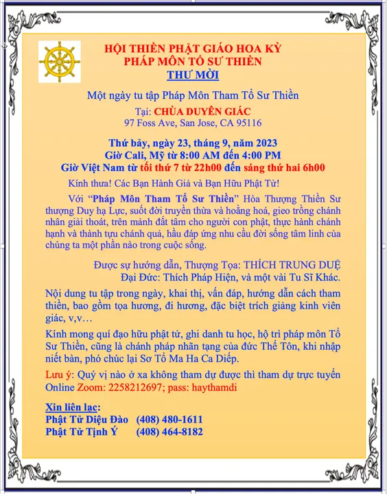 Thông báo khoá tu thiền thứ 7 ngày 23/9/2023 (9/8/Quý Mão) tại Chùa Duyên Giác, Bắc Cali, Hoa Kỳ
