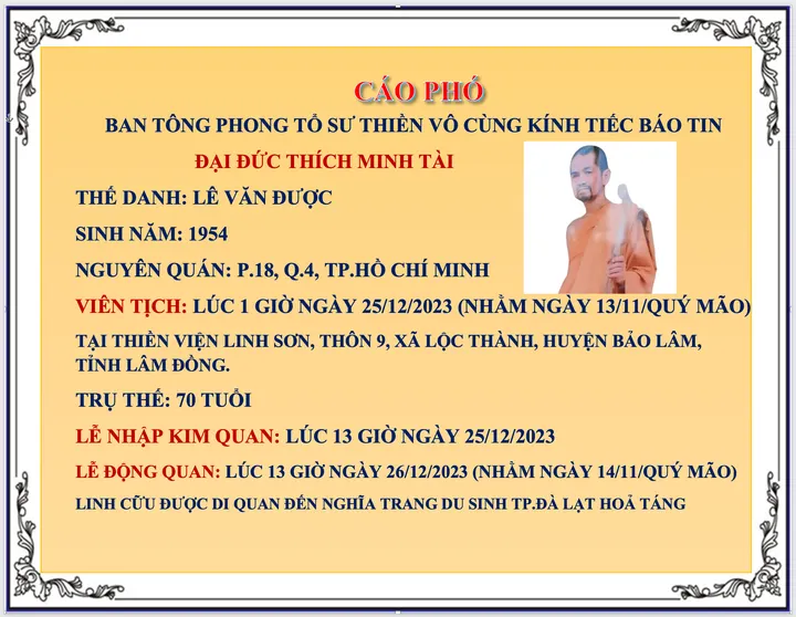CÁO PHÓ! BAN TÔNG PHONG TỔ SƯ THIỀN VÔ CÙNG KÍNH TIẾC BÁO TIN ĐĐ THÍCH MINH TÀI VIÊN TỊCH NGÀY 25.12.2023