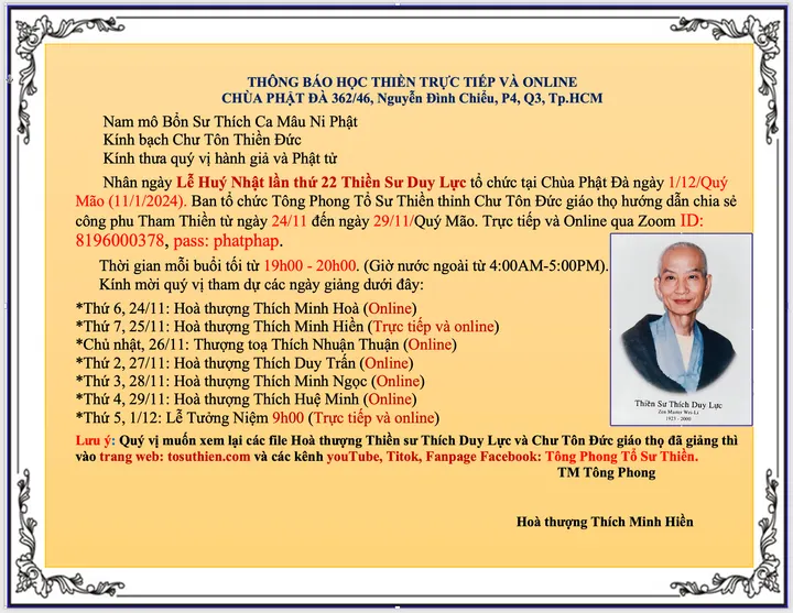 Thông báo Nhân Ngày Lễ Huý Nhật Lần Thứ 22 Thiền Sư Duy Lực Chư Tôn Đức Giáo Thọ hướng dẫn Thiền từ ngày 24 – 29/11/Quý Mão
