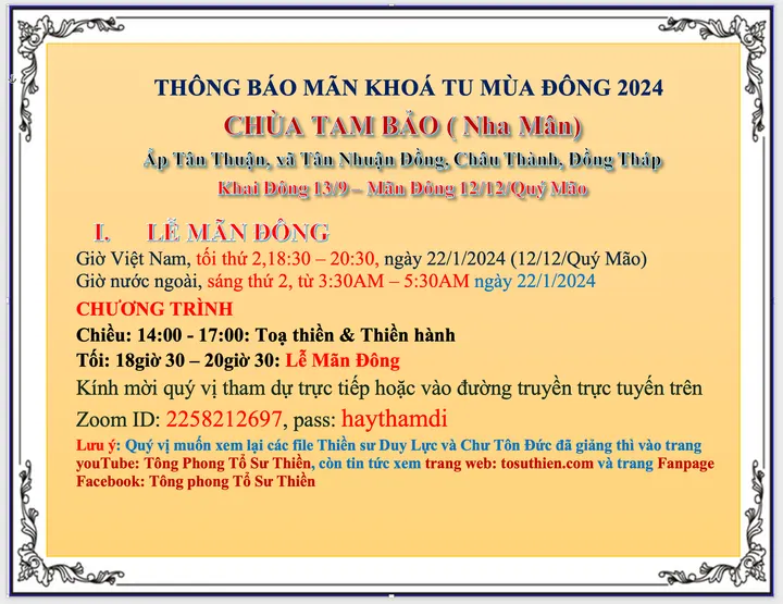 Thông báo Chùa Tam Bảo Tổ chức Lễ Mãn Khoá Tu Mùa Đông 12/12/Quý Mão (22/1/2024)