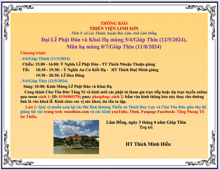 Thông báo Thiền Viện Linh Sơn tổ chức buổi thuyết giảng vào lúc 15 giờ và 16 giờ 30 ngày 4/4/Giáp Thìn (11/5/2024)