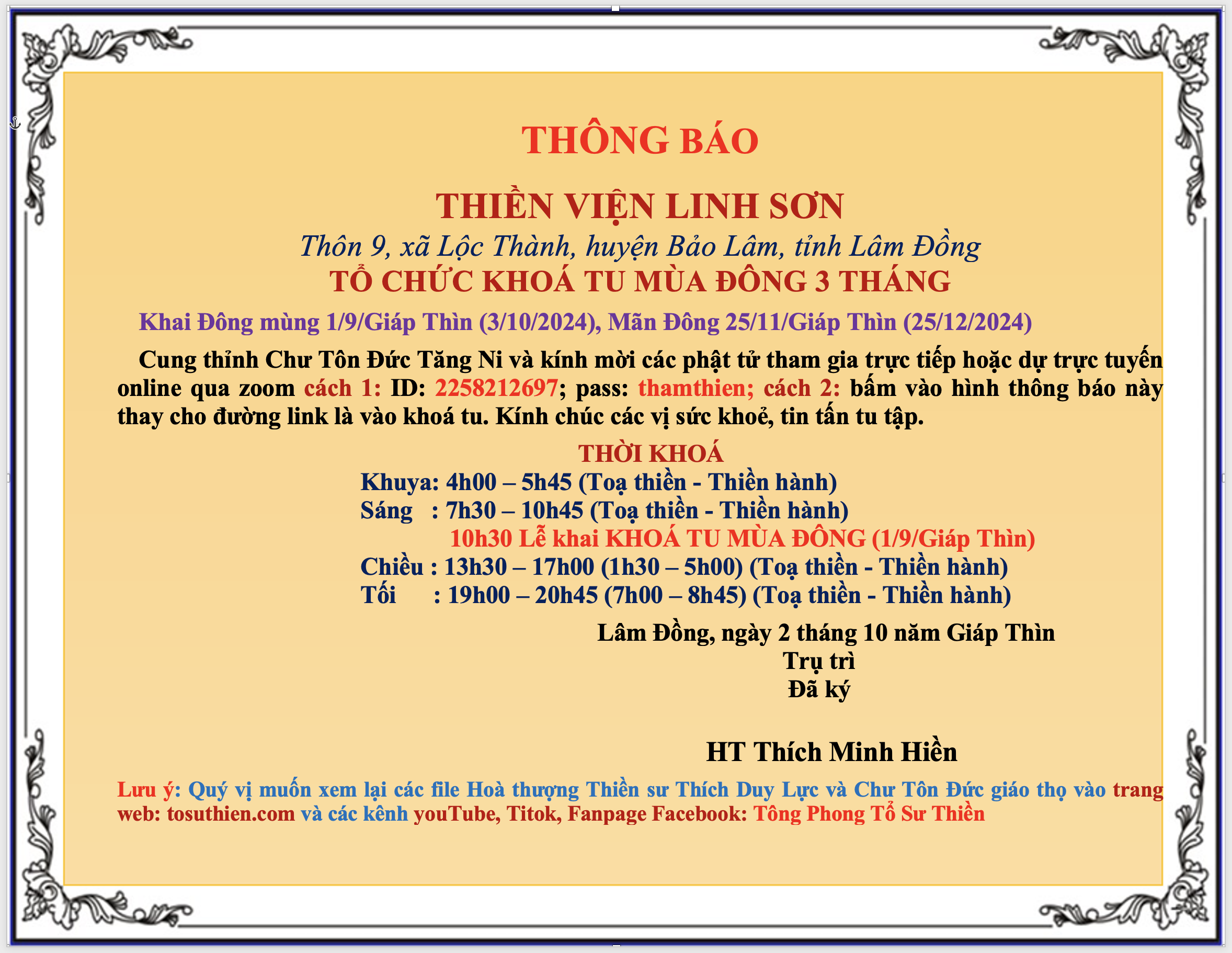 THÔNG BÁO LỄ KHAI KHOÁ TU MÙA ĐÔNG THIỀN VIỆN LINH SƠN, BẢO LỘC, LÂM ĐỒNG NGÀY 1/9/GIÁP THÌN (3/10/2024)