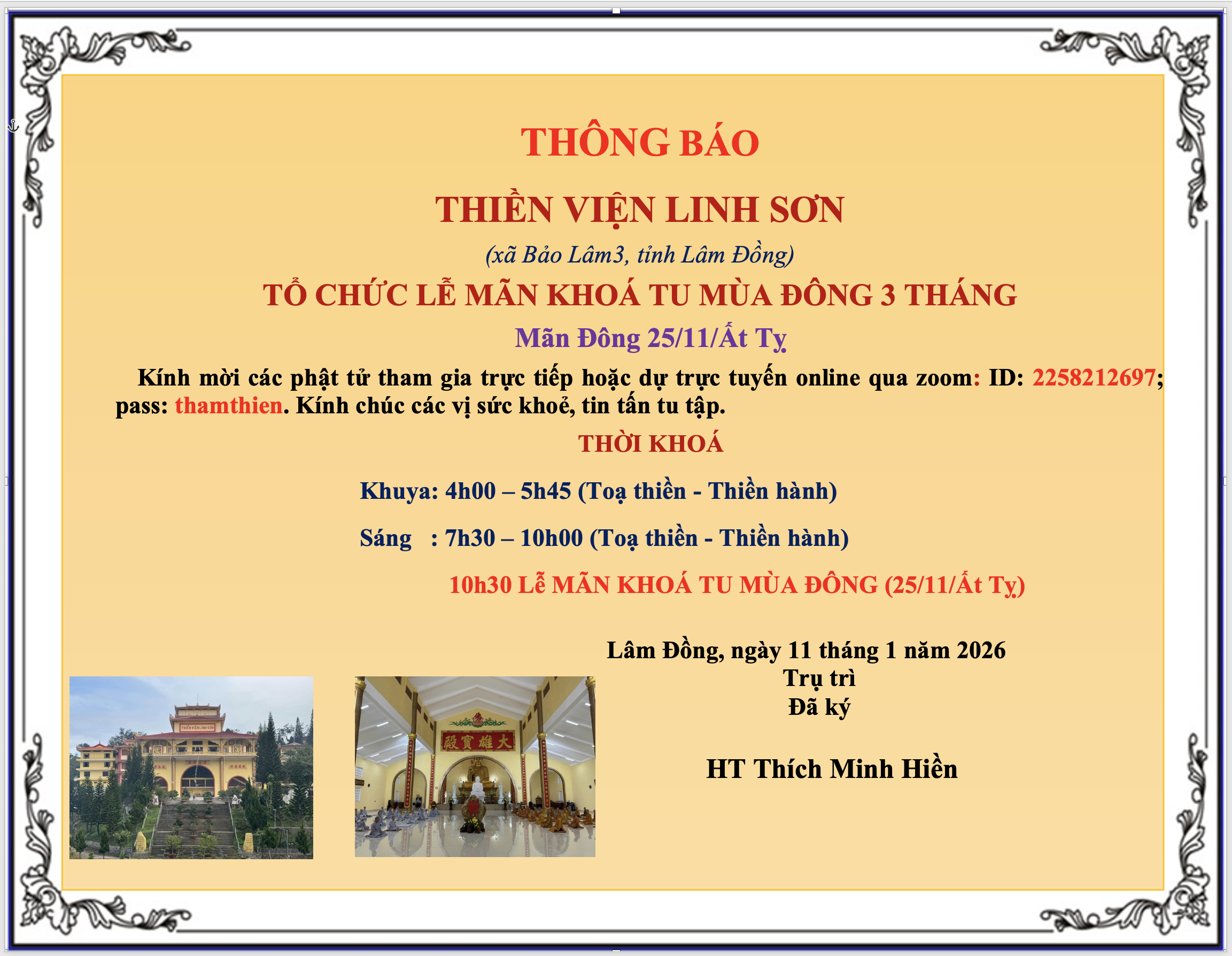 Thiền Viện Linh Sơn, Lâm Đồng tổ chức Mãn Đông ngày 25/11/Ất Tỵ (13.1.2026)