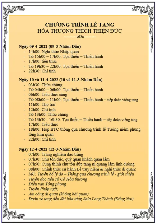 CHƯƠNG TRÌNH LỄ TANG HÒA THƯỢNG THÍCH THIỆN ĐỨC