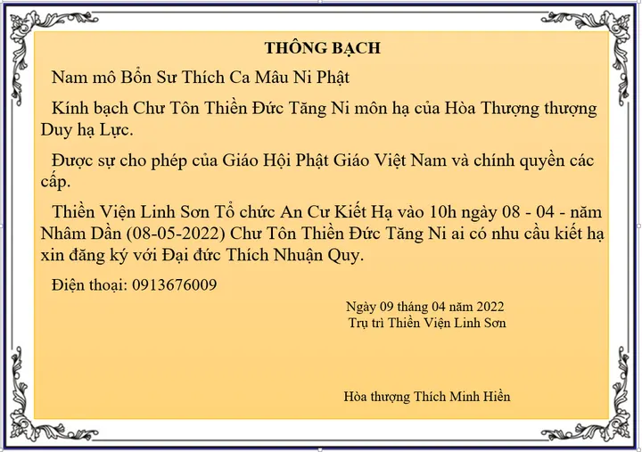 An Cư Kiết Hạ tổ chức tại Thiền Viện Linh Sơn, Bảo Lộc mùng 08/04/Nhâm Dần